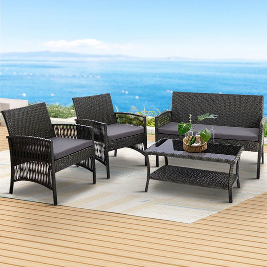 Gardeon 4PCS Outdoor Sofa Set Wicker Harp Chair Table Garden Furniture Grey - Mekamart Australia
