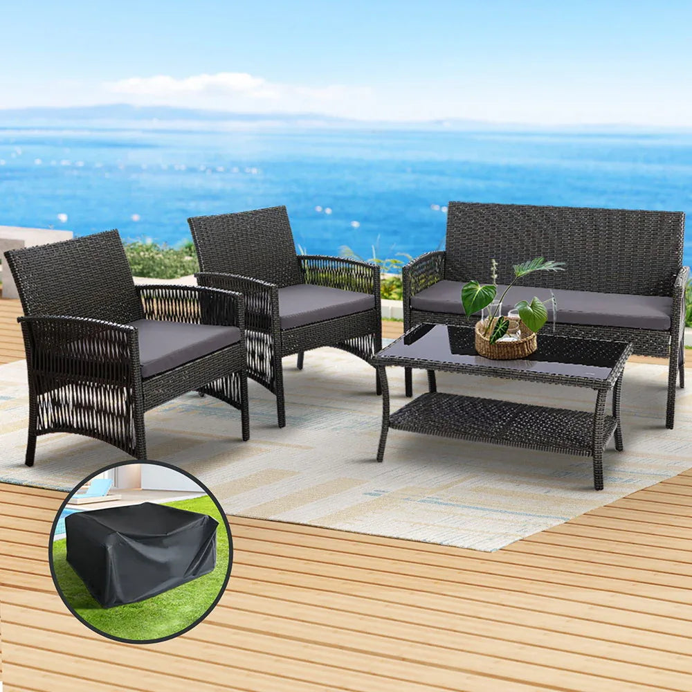 Gardeon 4PCS Outdoor Sofa Set with Storage Cover Wicker Harp Chair Table Grey - Mekamart Australia