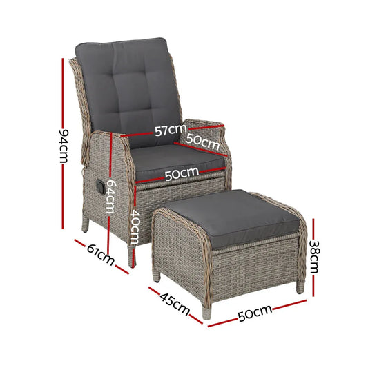 Gardeon 2PC Recliner Chair Sun lounge Wicker Lounger Outdoor Furniture Adjustable Grey - Mekamart Australia