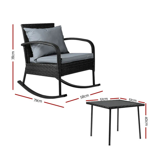 Gardeon 2PC Rocking Chair Table Wicker Outdoor Furniture Patio Lounge Setting - Mekamart Australia