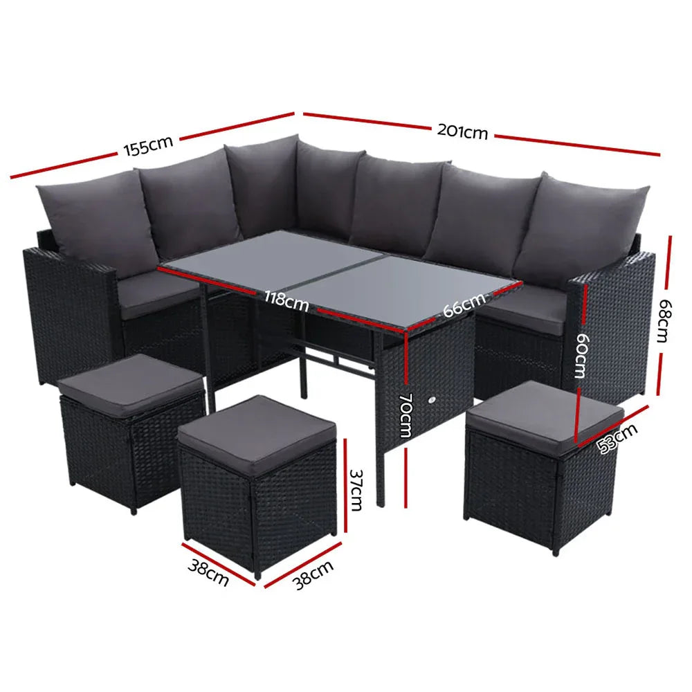 Gardeon Outdoor Dining Set Sofa Lounge Setting Chairs Table Ottoman Black Cover - Mekamart Australia
