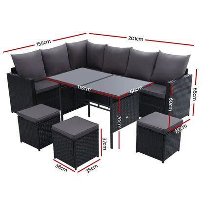 Gardeon Outdoor Dining Set Sofa Lounge Setting Chairs Table Ottoman Black Cover - Mekamart Australia