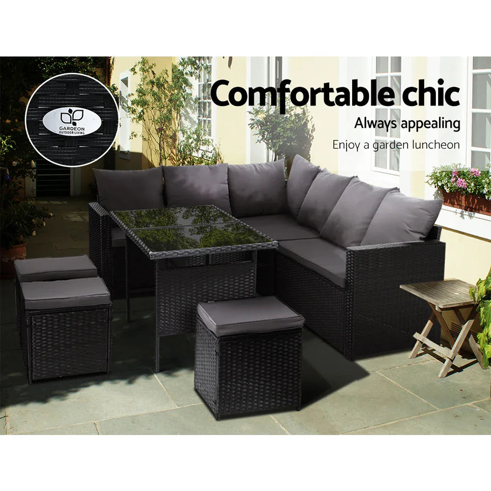 Gardeon Outdoor Dining Set Sofa Lounge Setting Chairs Table Ottoman Black Cover - Mekamart Australia