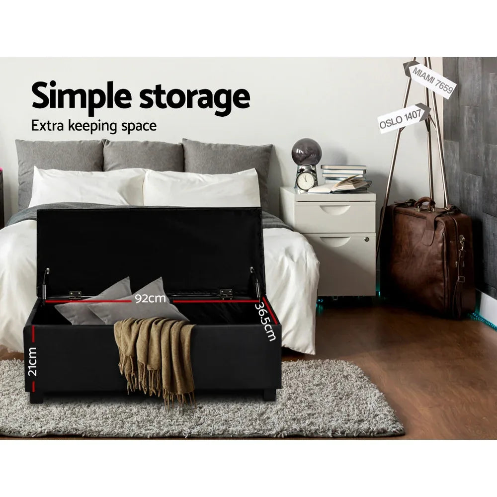 Artiss Storage Ottoman Blanket Box 97cm Leather Black - Mekamart Australia