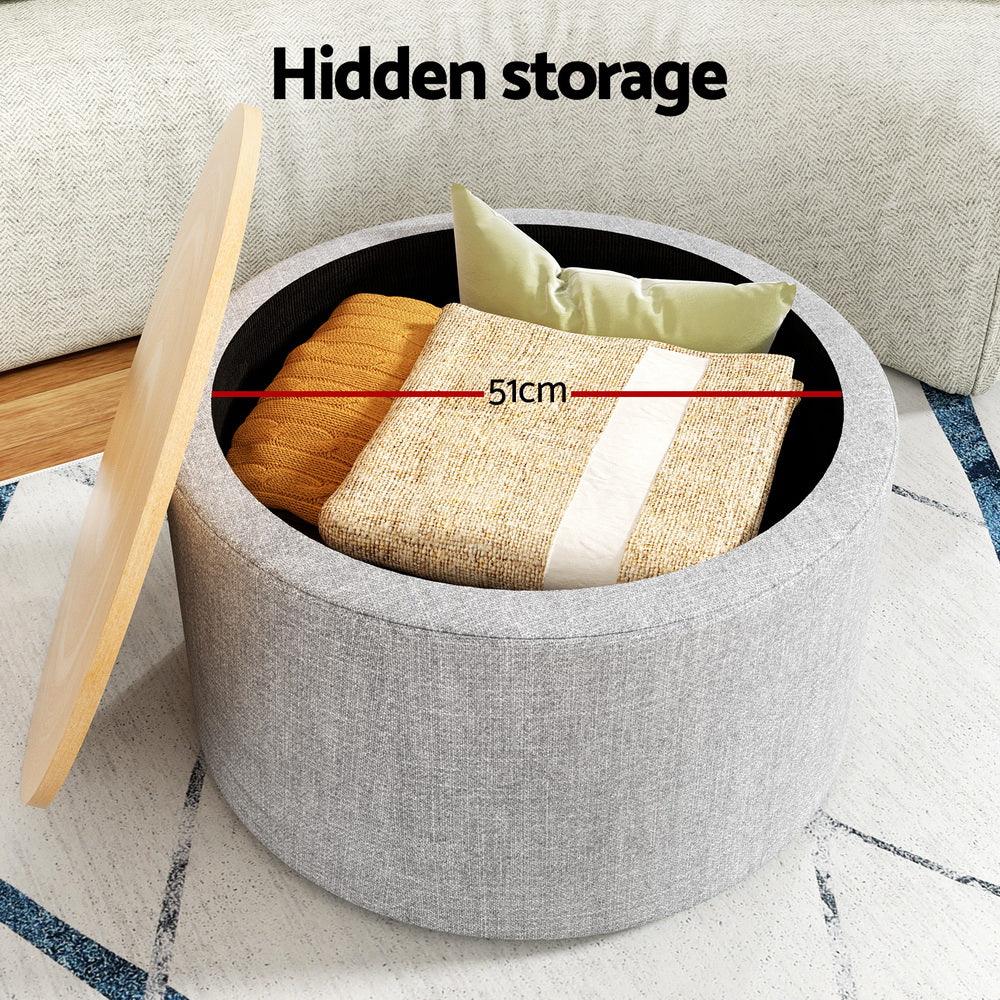 Artiss Storage Ottoman Blanket Box 60cm Linen Round Grey - Mekamart Australia