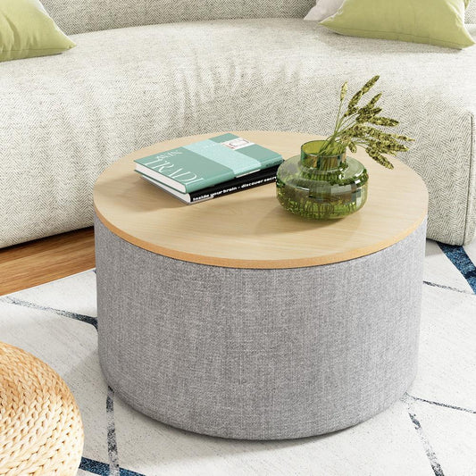 Artiss Storage Ottoman Blanket Box 60cm Linen Round Grey - Mekamart Australia