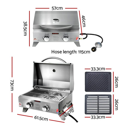 Grillz Portable Gas BBQ Grill 2 Burners with 2 Plates - Mekamart Australia