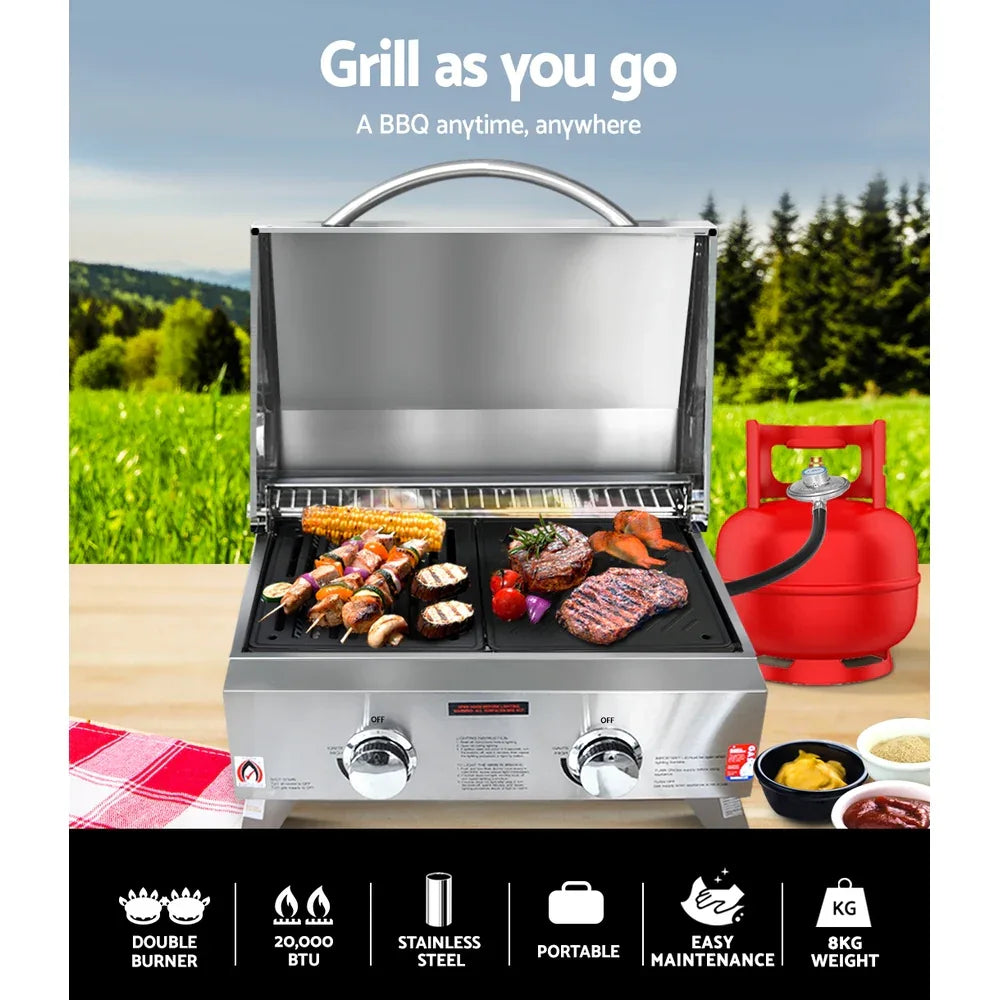 Grillz Portable Gas BBQ Grill 2 Burners with 2 Plates - Mekamart Australia