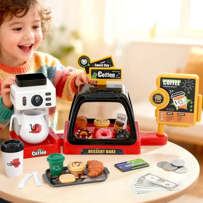 Keezi Kids Pretend Role Play Toy Coffee Shop with Coffee Maker Machine Play Money Food Tea Party Set - Mekamart Australia