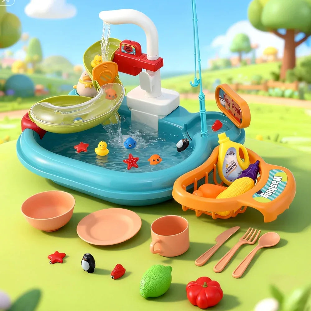 Keezi Kids Pretend Play Kitchen Sink with Faucet Floating Fishing Toys Play food - Mekamart Australia