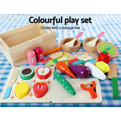 Keezi Kids Kitchen Play Set Wooden Pretend Toys Cooking Utensils Pots Pans Food - Mekamart Australia