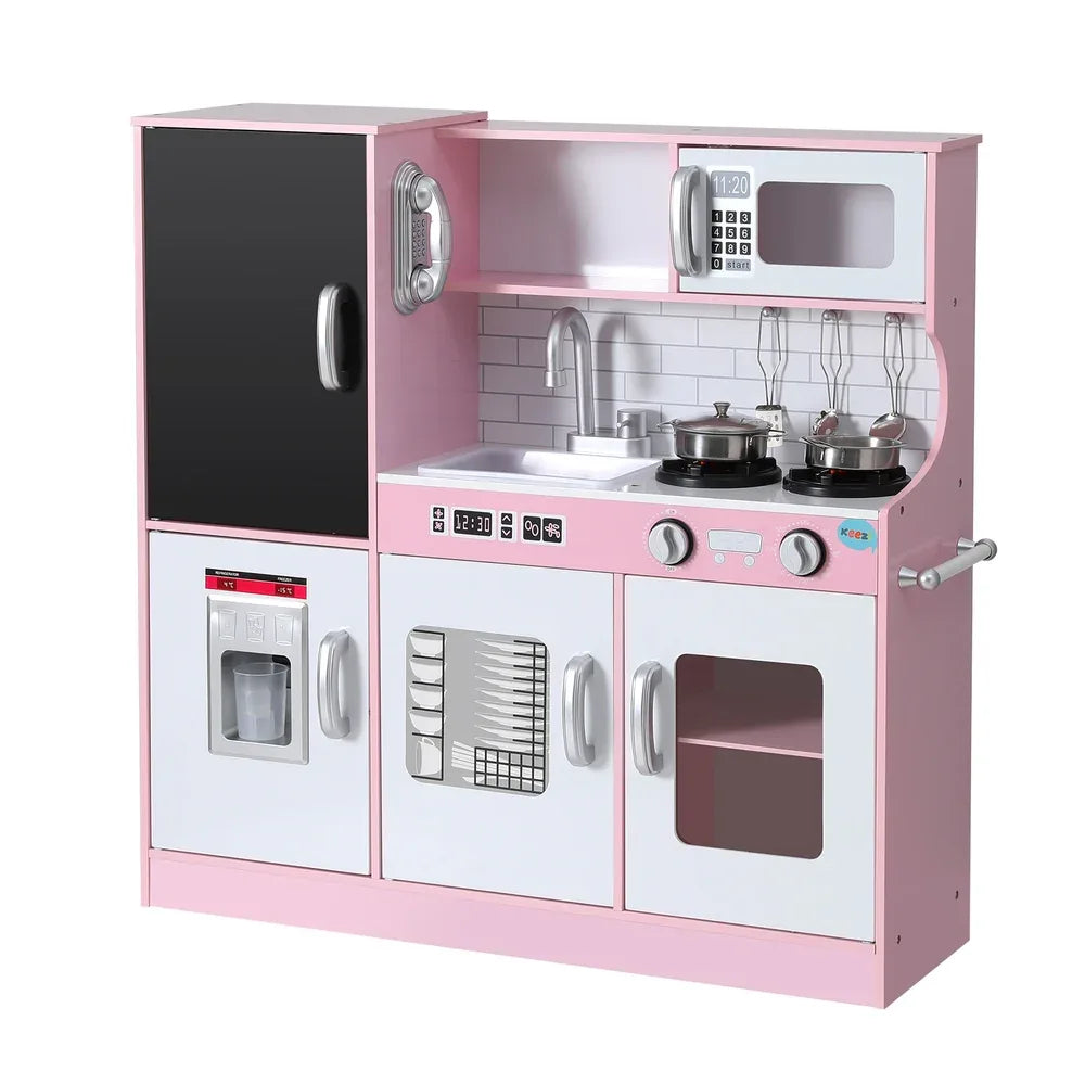 Keezi Kids Wooden Pretend Kitchen Play Set Cooking Toys Pot Ice Cup Oven Blackboard 80CM Pink - Mekamart Australia