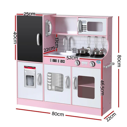 Keezi Kids Wooden Pretend Kitchen Play Set Cooking Toys Pot Ice Cup Oven Blackboard 80CM Pink - Mekamart Australia