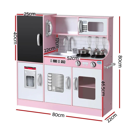 Keezi Kids Wooden Pretend Kitchen Play Set Cooking Toys Pot Ice Cup Oven Blackboard 80CM Pink - Mekamart Australia