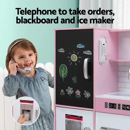 Keezi Kids Wooden Pretend Kitchen Play Set Cooking Toys Pot Ice Cup Oven Blackboard 80CM Pink - Mekamart Australia