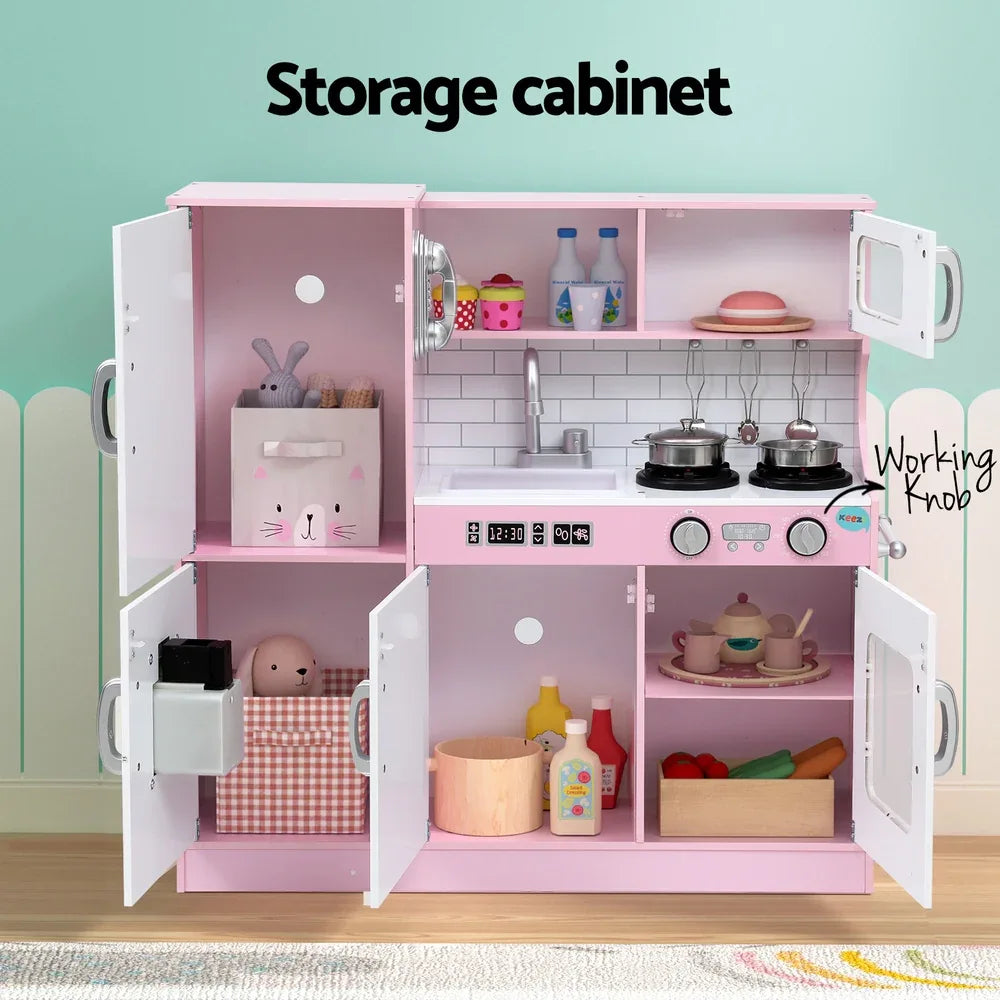 Keezi Kids Wooden Pretend Kitchen Play Set Cooking Toys Pot Ice Cup Oven Blackboard 80CM Pink - Mekamart Australia