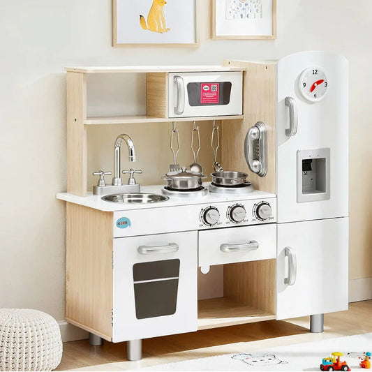 Keezi Kids Kitchen Play Set Wooden Pretend Toys Cooking Children Clock Beige - Mekamart Australia