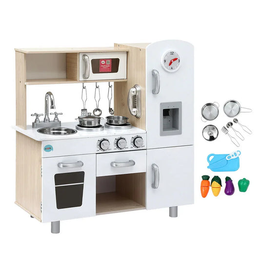 Keezi Kids Kitchen Play Set Wooden Pretend Toys Cooking Children Clock Beige - Mekamart Australia