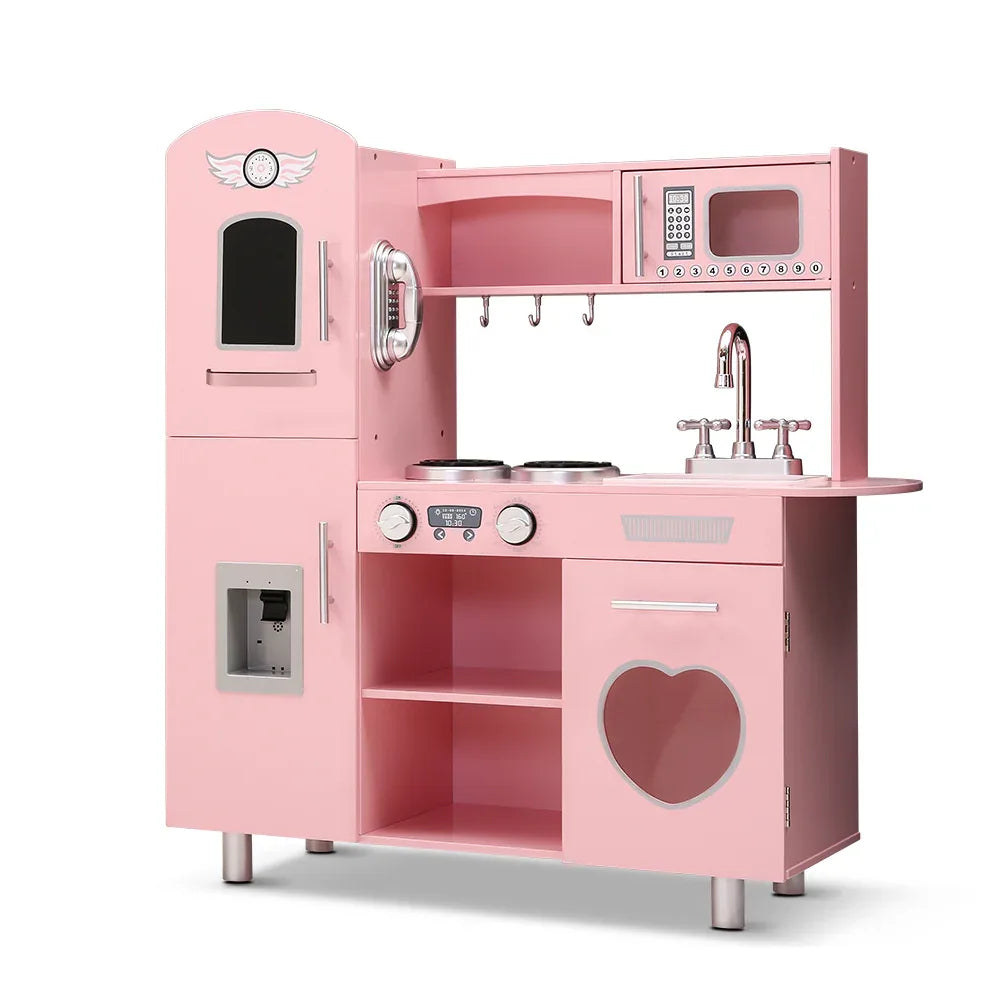 Keezi Kids Kitchen Play Set Wooden Pretend Toys Cooking Children Storage Pink - Mekamart Australia