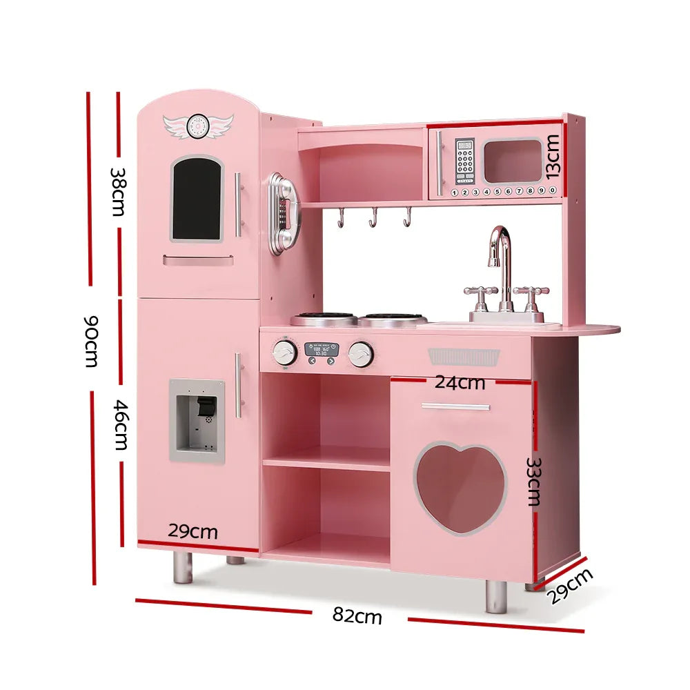 Keezi Kids Kitchen Play Set Wooden Pretend Toys Cooking Children Storage Pink - Mekamart Australia