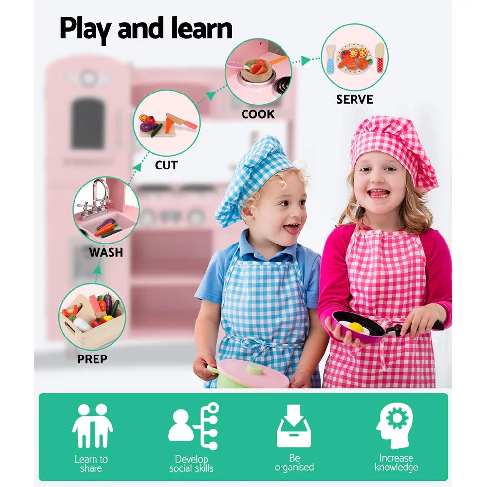 Keezi Kids Kitchen Play Set Wooden Pretend Toys Cooking Children Storage Pink - Mekamart Australia