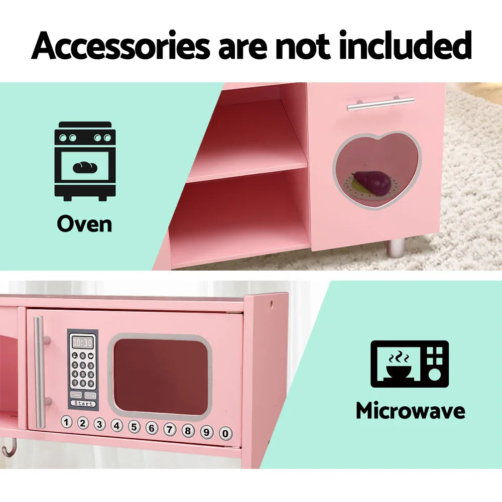 Keezi Kids Kitchen Play Set Wooden Pretend Toys Cooking Children Storage Pink - Mekamart Australia