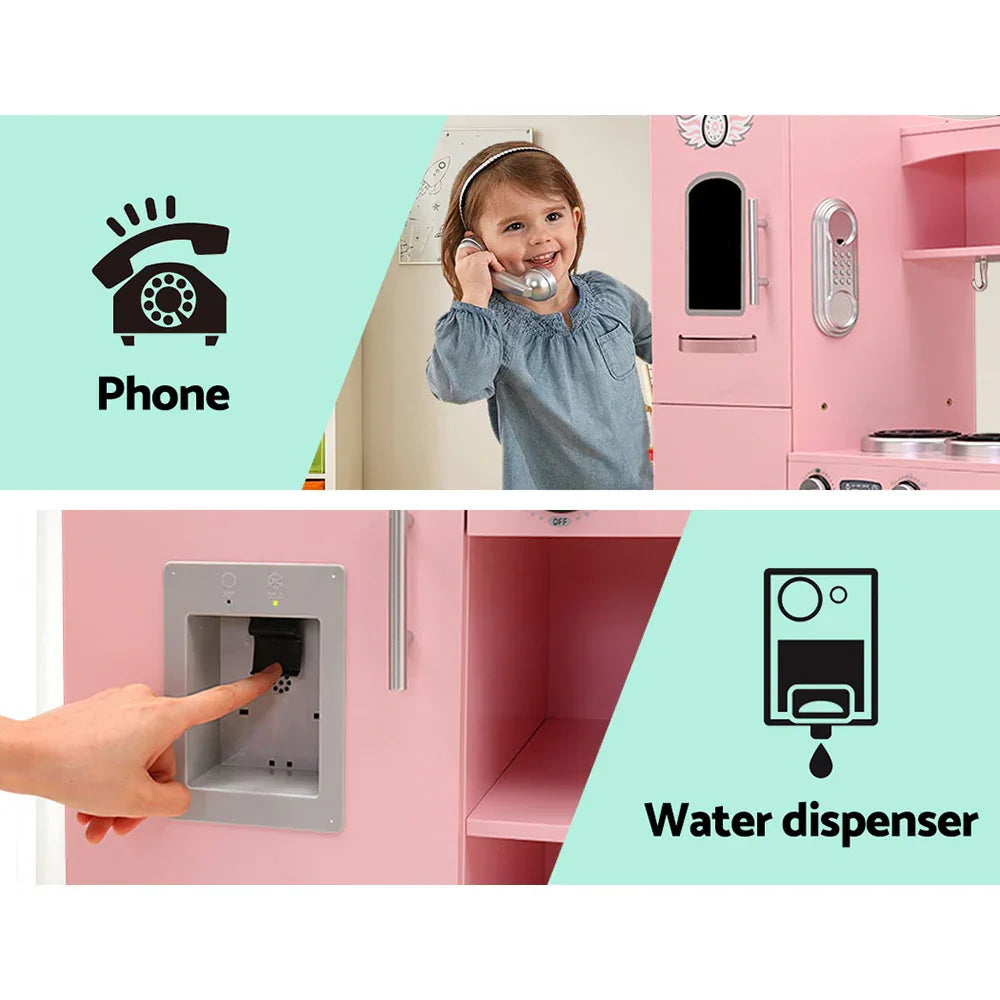 Keezi Kids Kitchen Play Set Wooden Pretend Toys Cooking Children Storage Pink - Mekamart Australia