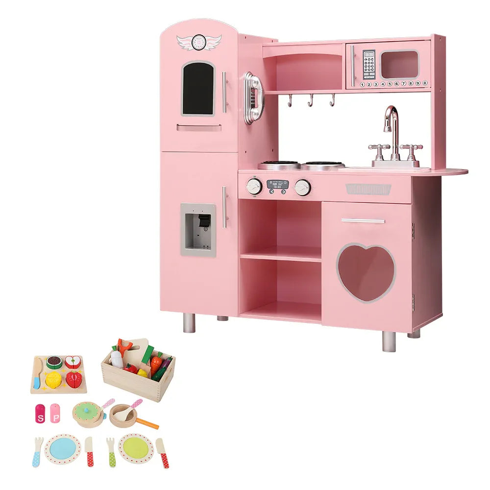 Keezi Kids Kitchen Play Set Wooden Pretend Toys Cooking Children Food Pink - Mekamart Australia