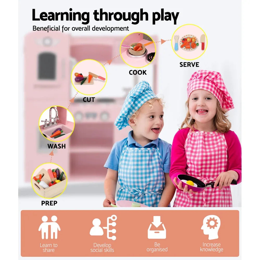 Keezi Kids Kitchen Play Set Wooden Pretend Toys Cooking Children Food Pink - Mekamart Australia
