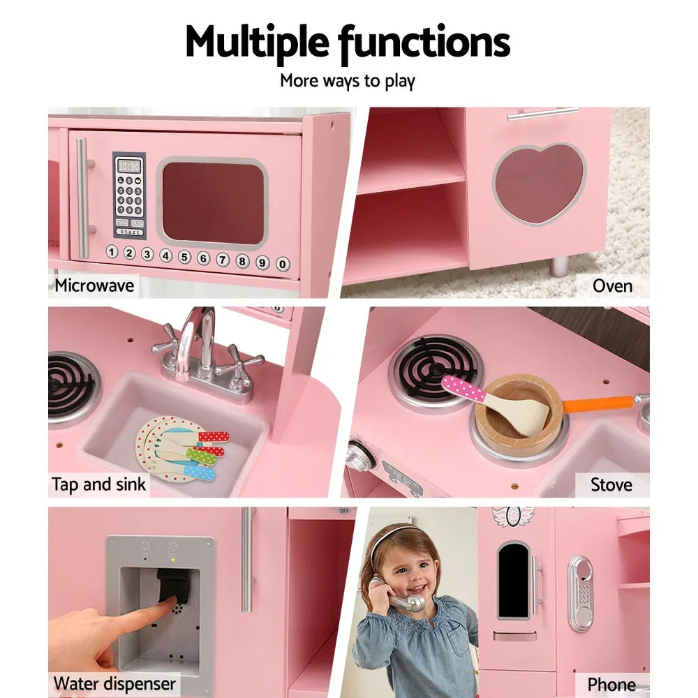 Keezi Kids Kitchen Play Set Wooden Pretend Toys Cooking Children Food Pink - Mekamart Australia