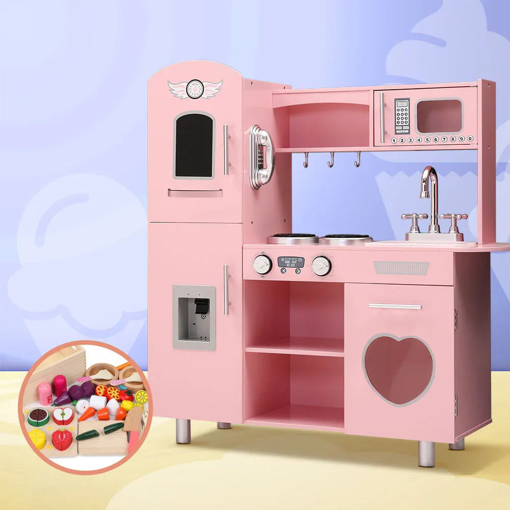Keezi Kids Kitchen Play Set Wooden Pretend Toys Cooking Children Food Pink - Mekamart Australia