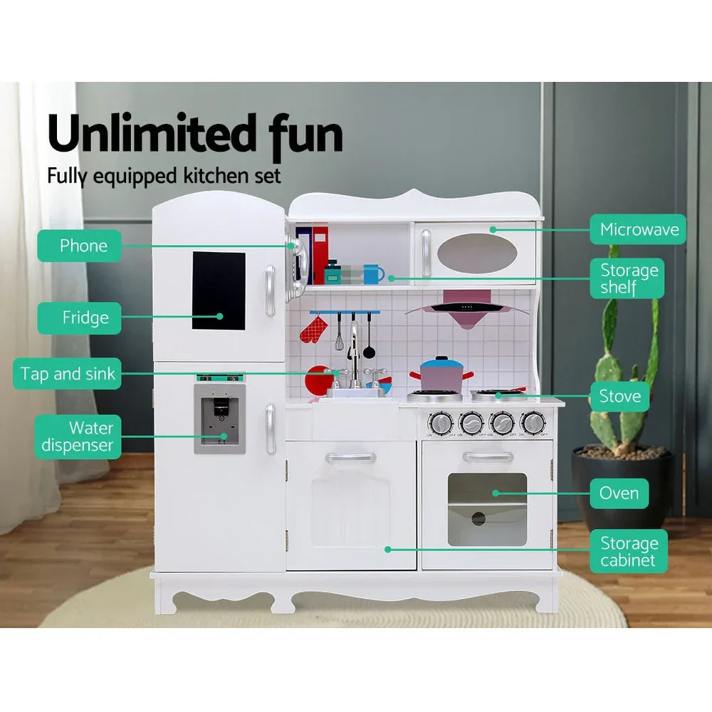 Keezi Kids Kitchen Play Set Wooden Pretend Toys Cooking Children Food White - Mekamart Australia