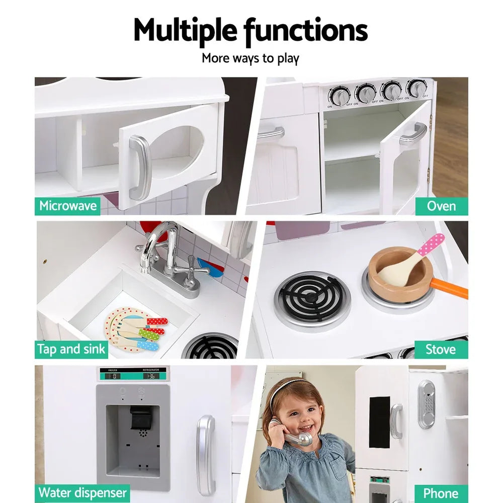 Keezi Kids Kitchen Play Set Wooden Pretend Toys Cooking Children Food White - Mekamart Australia