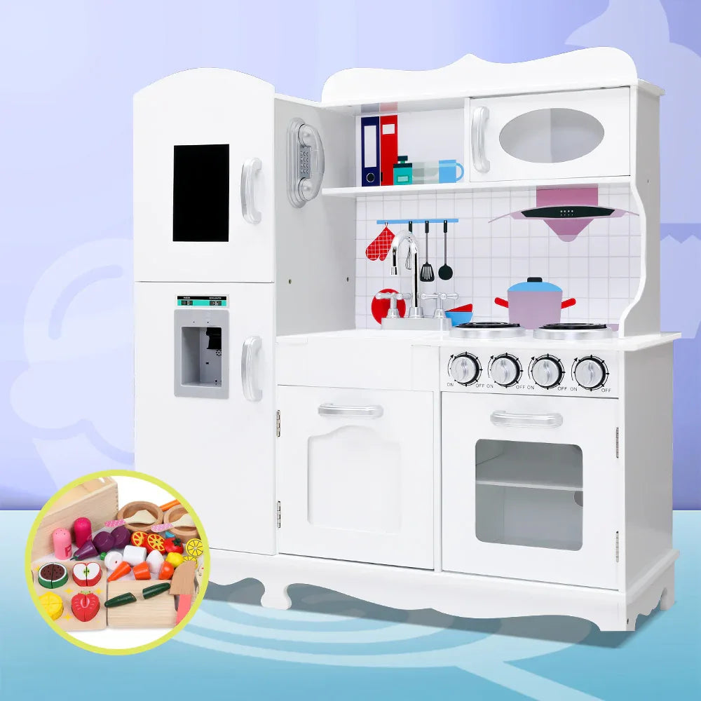 Keezi Kids Kitchen Play Set Wooden Pretend Toys Cooking Children Food White - Mekamart Australia