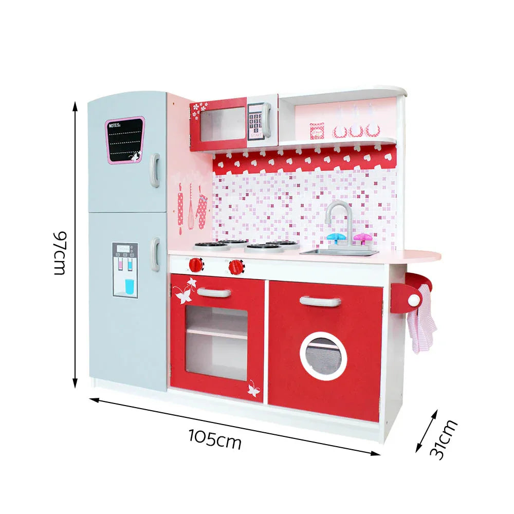 Keezi Kids Kitchen Play Set Wooden Pretend Toys Cooking Children Fridge Oven Red - Mekamart Australia