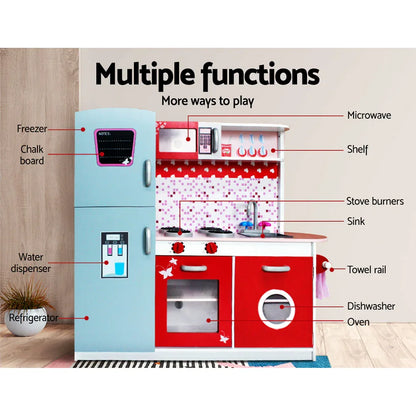 Keezi Kids Kitchen Play Set Wooden Pretend Toys Cooking Children Fridge Oven Red - Mekamart Australia
