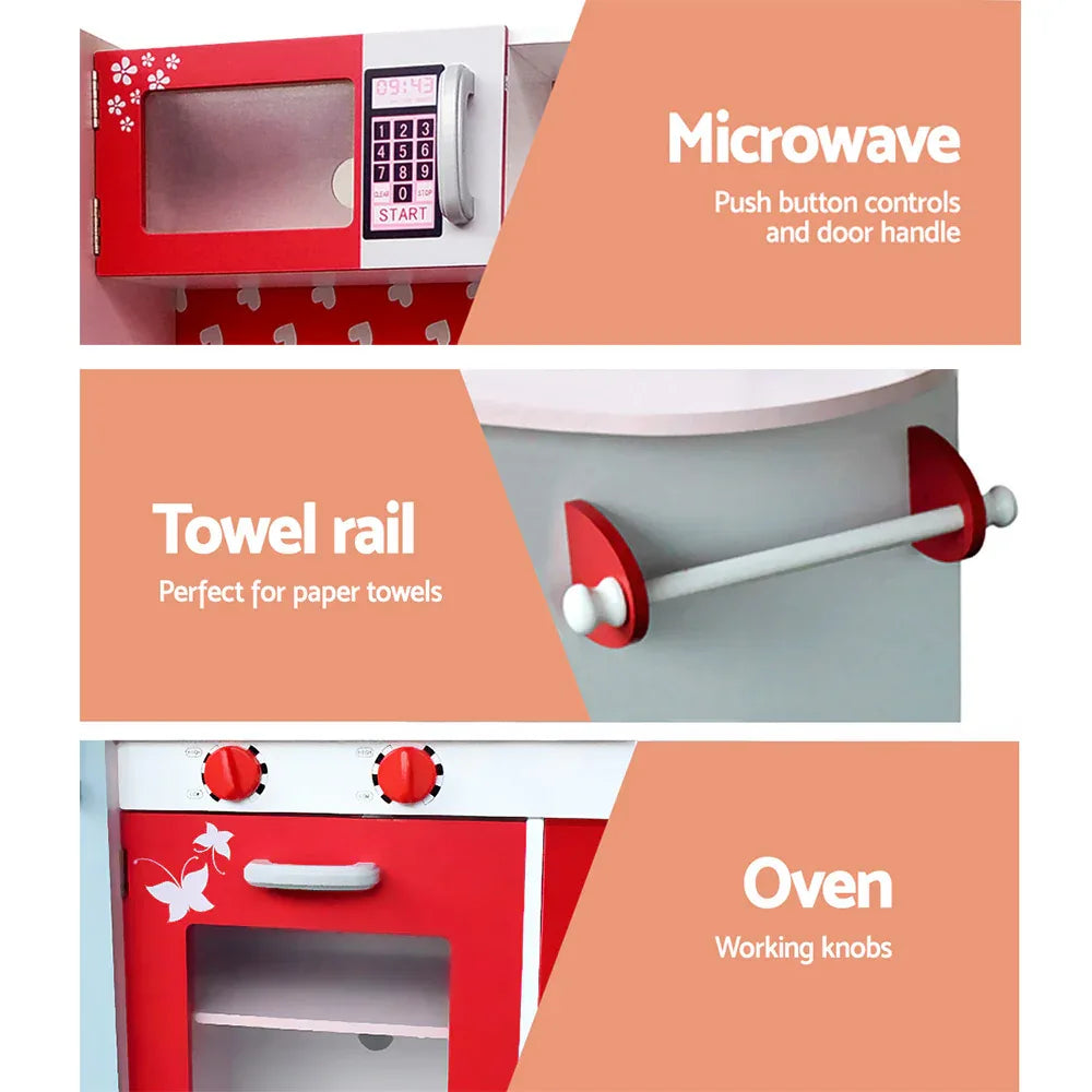 Keezi Kids Kitchen Play Set Wooden Pretend Toys Cooking Children Fridge Oven Red - Mekamart Australia