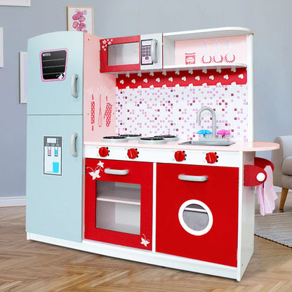 Keezi Kids Kitchen Play Set Wooden Pretend Toys Cooking Children Fridge Oven Red - Mekamart Australia