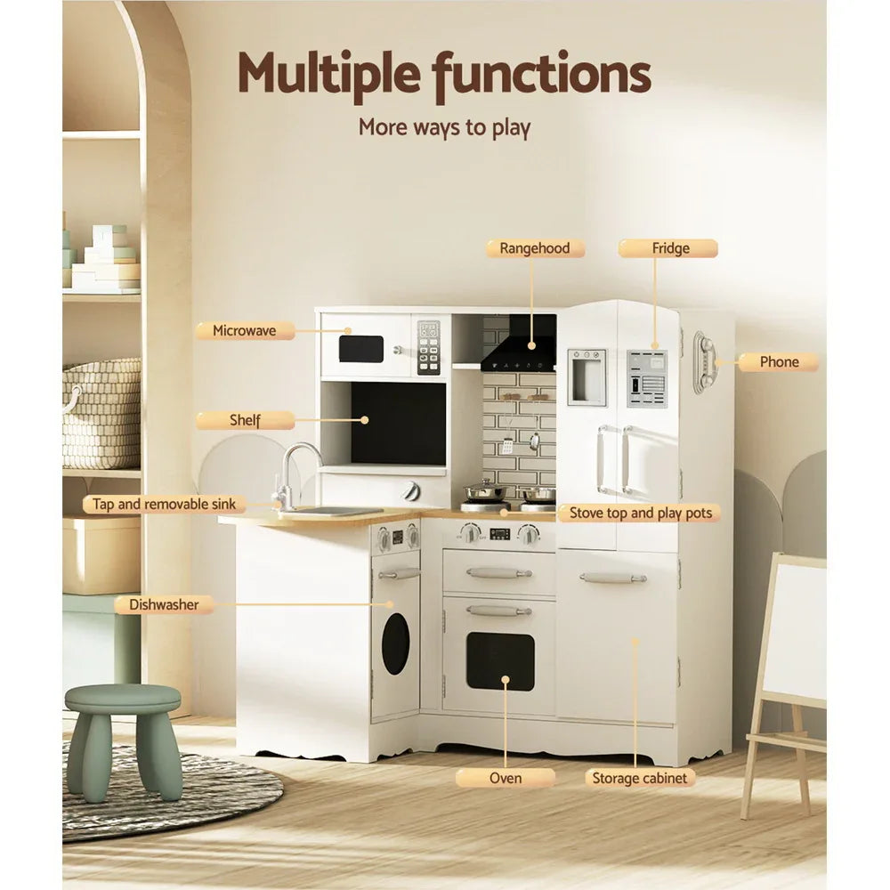Keezi Kids Kitchen Play Set Wooden Pretend Toys Cooking Children Fridge White - Mekamart Australia