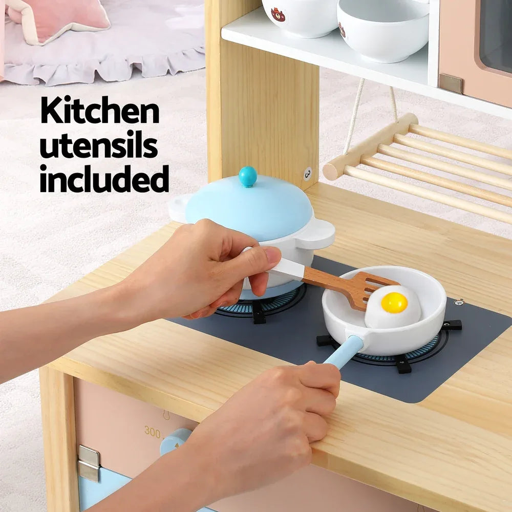 Keezi Kids Wooden Pretend Kitchen Play Sets Cooking Toys Pot Pan Bowls Oven Dishwasher 80CM Blue - Mekamart Australia