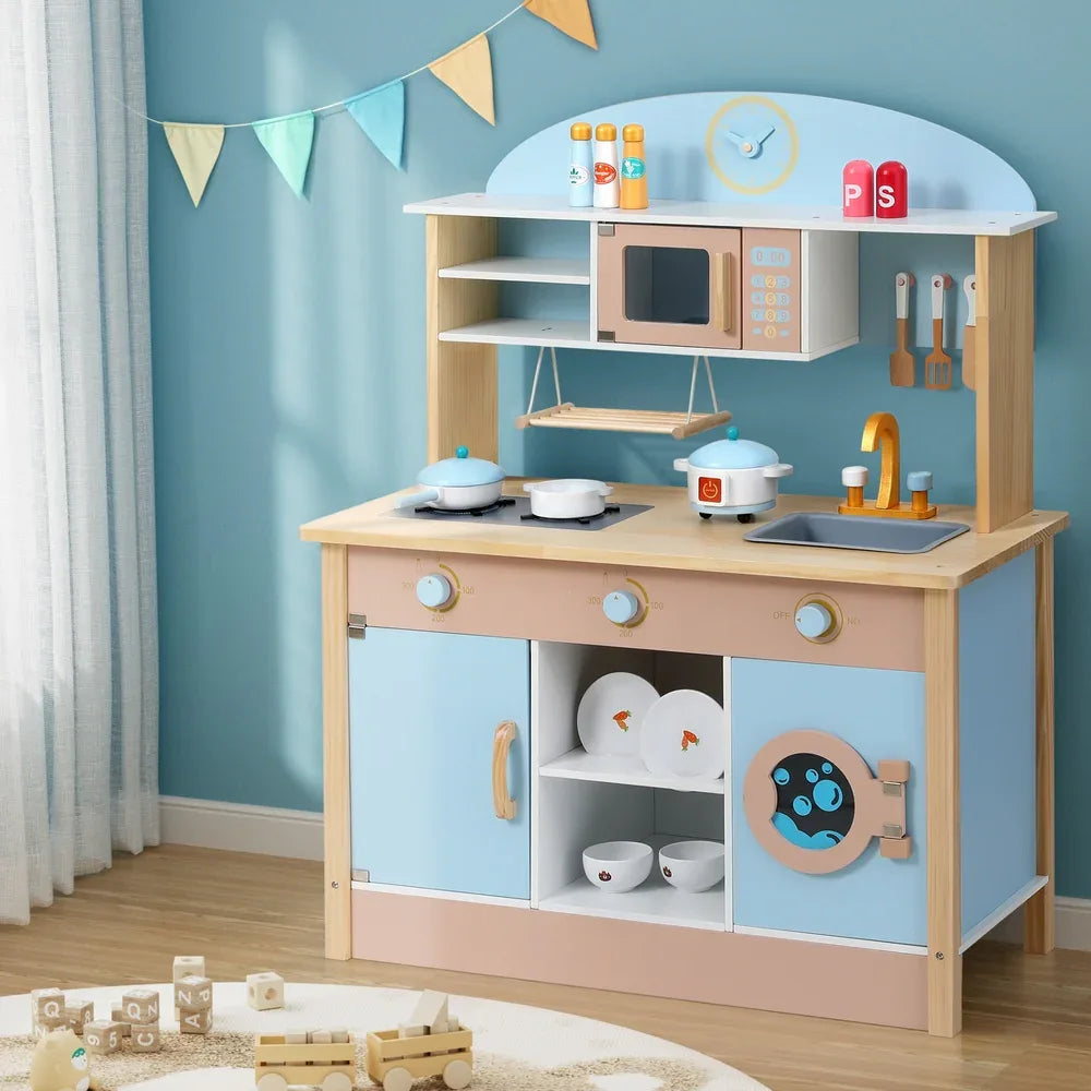 Keezi Kids Wooden Pretend Kitchen Play Sets Cooking Toys Pot Pan Bowls Oven Dishwasher 80CM Blue - Mekamart Australia