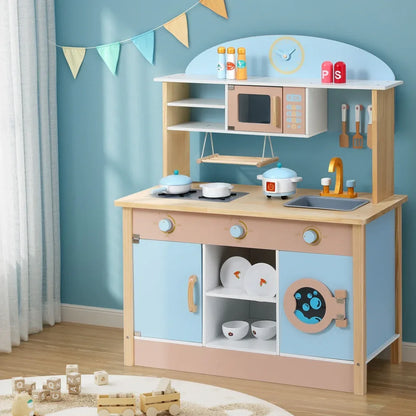 Keezi Kids Wooden Pretend Kitchen Play Sets Cooking Toys Pot Pan Bowls Oven Dishwasher 80CM Blue - Mekamart Australia