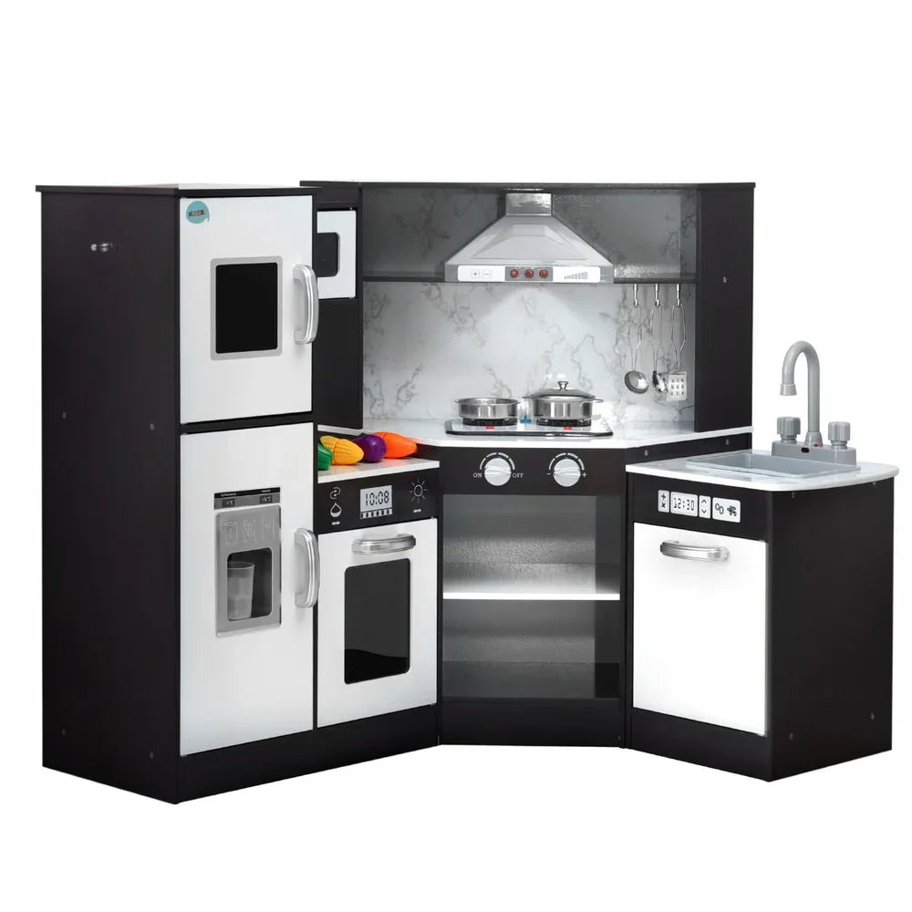 Keezi Kids Kitchen Play Set Wooden Pretend Cooking Playset w/Sounds Lights Black - Mekamart Australia
