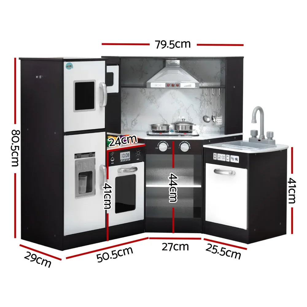 Keezi Kids Kitchen Play Set Wooden Pretend Cooking Playset w/Sounds Lights Black - Mekamart Australia