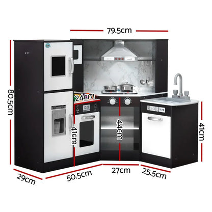 Keezi Kids Kitchen Play Set Wooden Pretend Cooking Playset w/Sounds Lights Black - Mekamart Australia