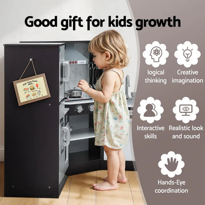 Keezi Kids Kitchen Play Set Wooden Pretend Cooking Playset w/Sounds Lights Black - Mekamart Australia