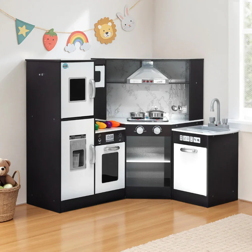 Keezi Kids Kitchen Play Set Wooden Pretend Cooking Playset w/Sounds Lights Black - Mekamart Australia