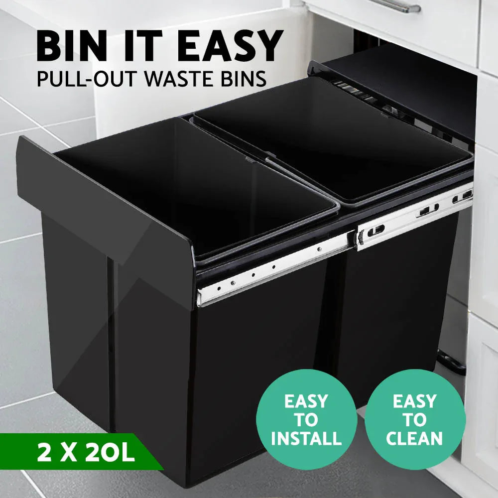 Cefito Pull Out Bin Kitchen Double Basket 2X20L Black - Mekamart Australia