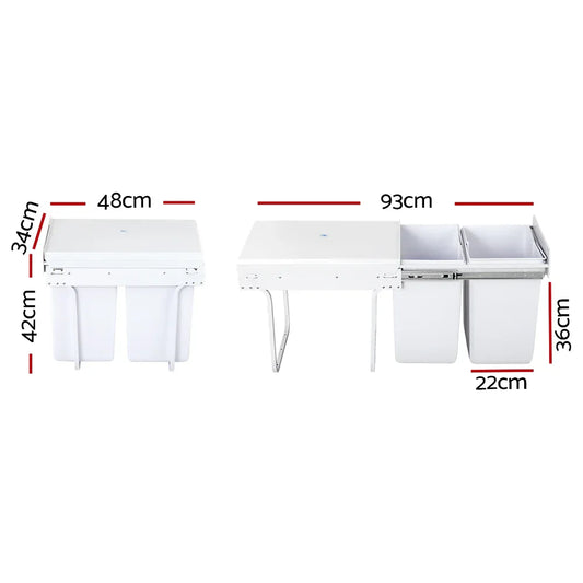 Cefito Pull Out Bin Kitchen Double Basket 2X20L White - Mekamart Australia