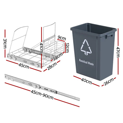 Cefito Pull Out Bin Kitchen Cabinet Slide Garbage Rubbish Bins Basket 40L Grey - Mekamart Australia